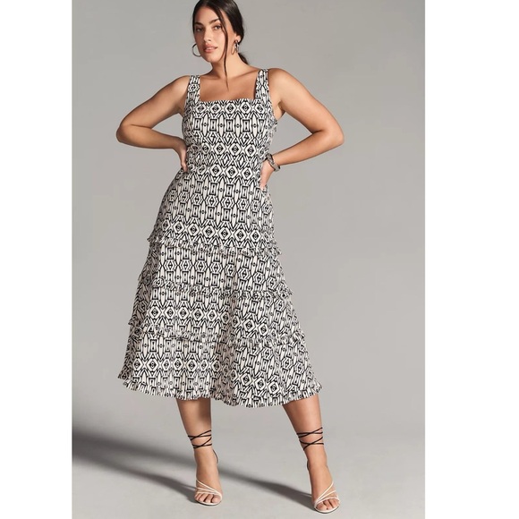 Anthropologie Blythe Black and White A-Line Midi Dress square neck tiered size S - Picture 1 of 10